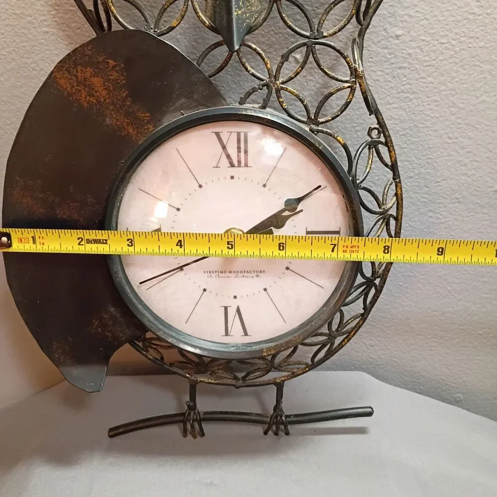 Owl Wall Clock Metal Black with Gold Accents Tested & Working Retro Boho Chic